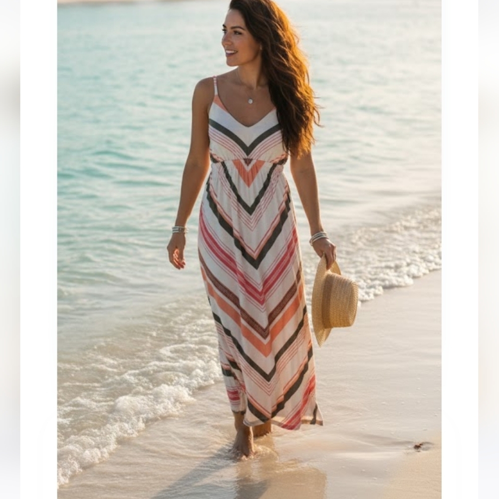 Old Navy Pink, Coral, Black & Cream Striped Maxi Dress